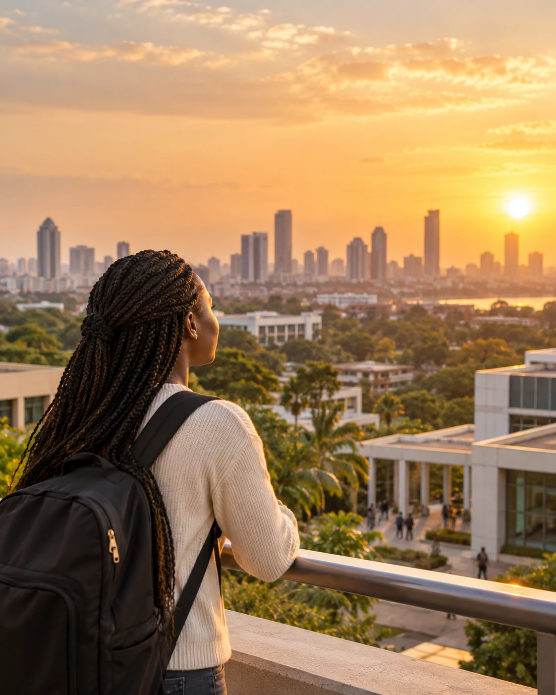 A student looking out over an African city at sunset
