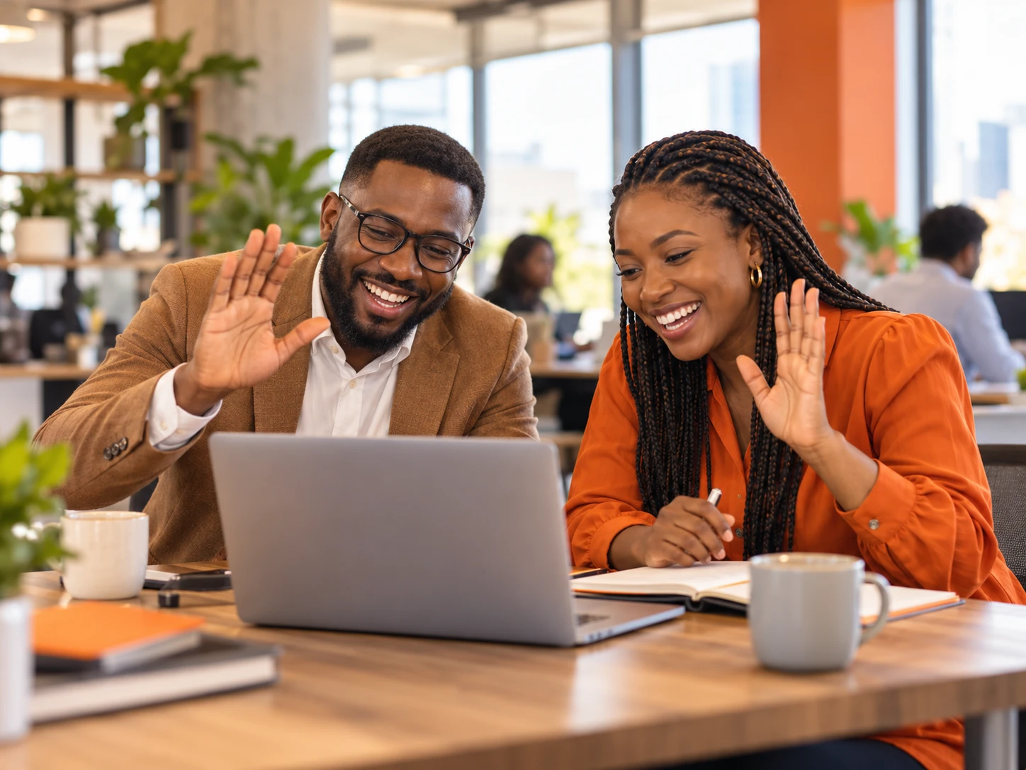 Two communications professionals on a video call with a client
