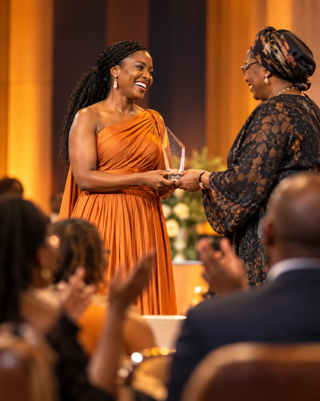 An education leader receiving an award on stage