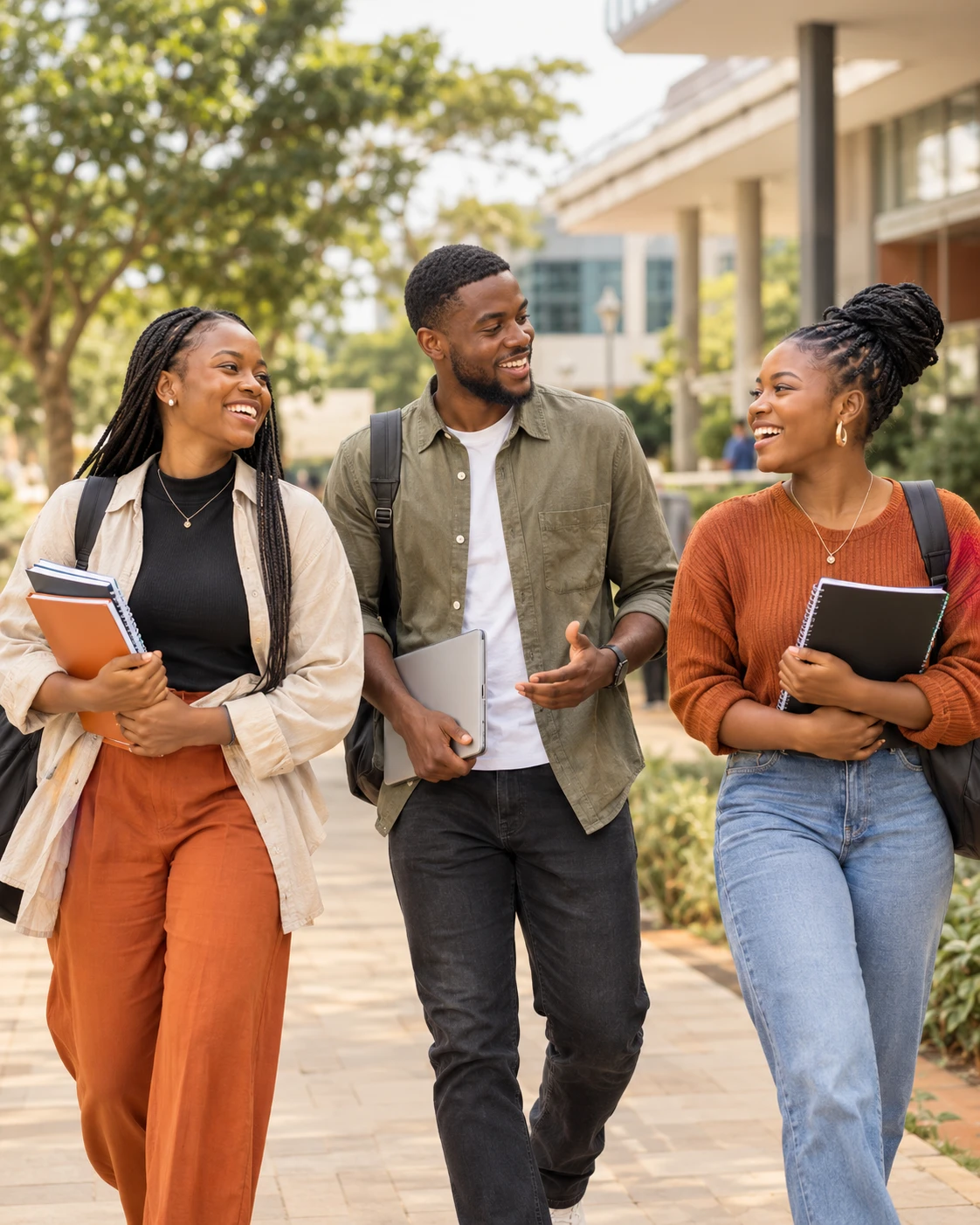 African university students walking and talking on campus