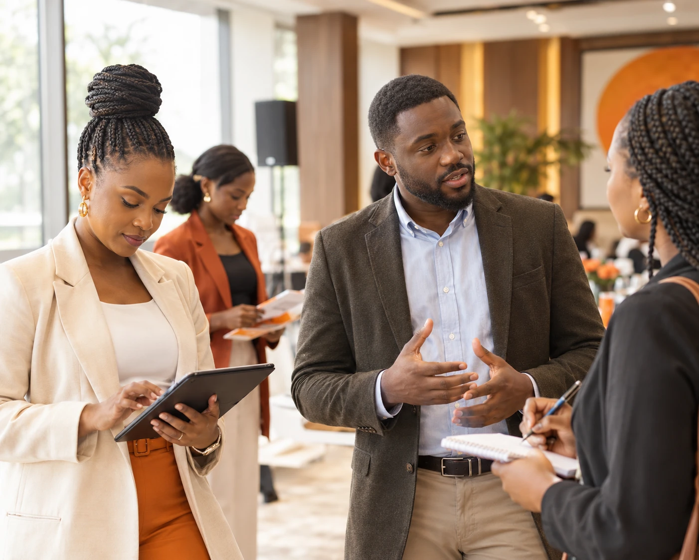 Communications professionals coordinating a media event