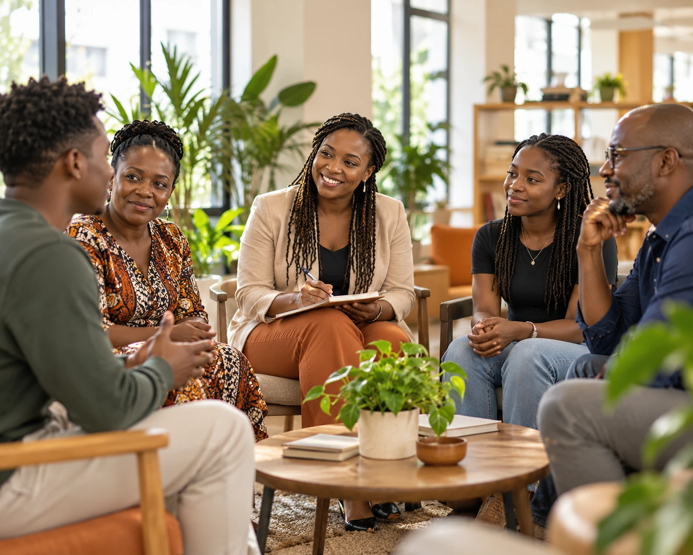 A researcher leading a focus group with parents and students