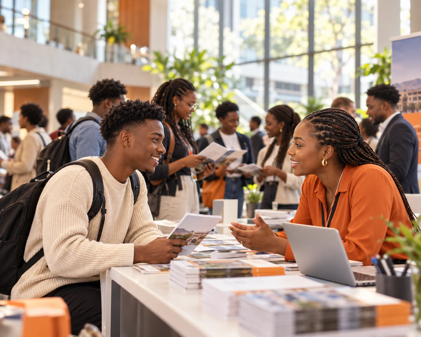 A student speaking with an admissions adviser