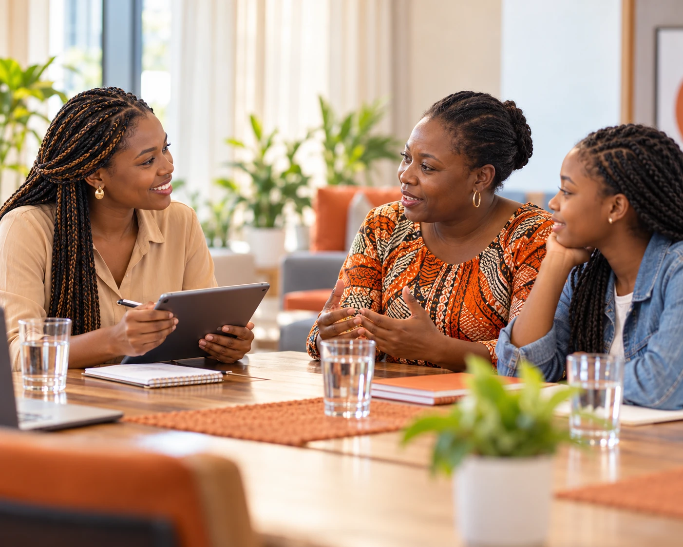 A researcher interviewing a parent and her daughter